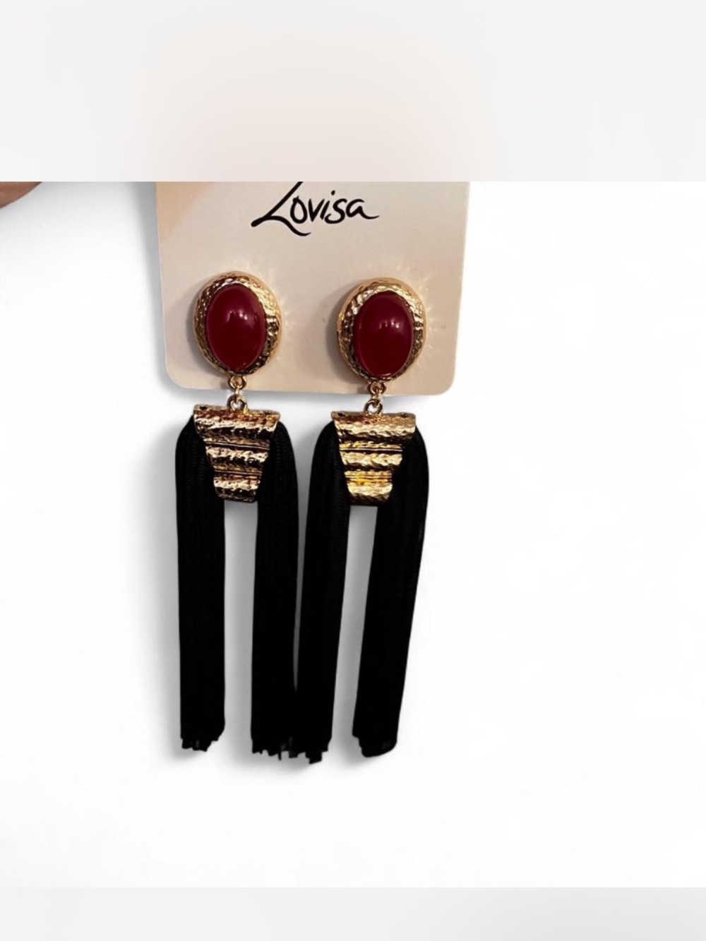 Euro 💶 Night Out Inspo,Red Stone & Gold Tassel Earrings with Navy Fringe